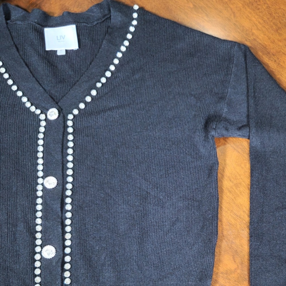 LIV Milano Embellished Diamond Cardigan Sweater Black Button-Down Ribbed Knit - Picture 2 of 9